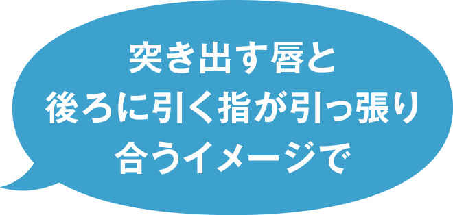 突き出す唇と後ろに引く指が引っ張り合うイメージで