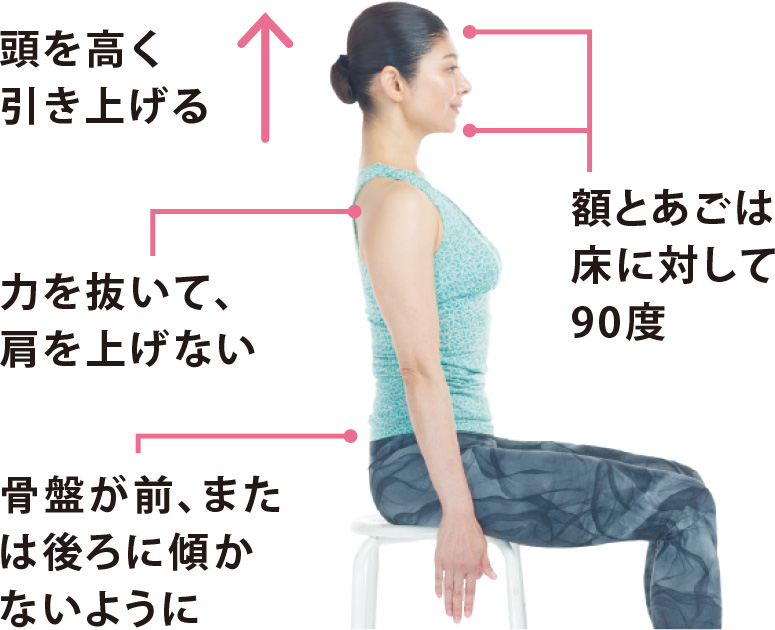 1 頭を高く引き上げる 額とあごは床に対して90度 力を抜いて、肩を上げない 骨盤が前、または後ろに傾かないように