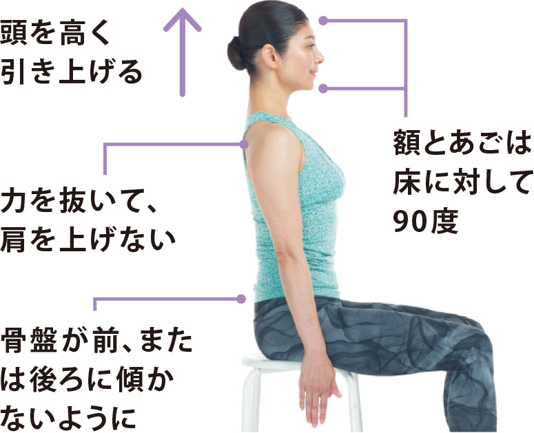 1 頭を高く引き上げる 額とあごは床に対して90度 力を抜いて、肩を上げない 骨盤が前、または後ろに傾かないように