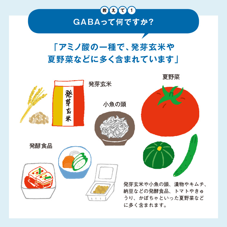 教えて1 GABAって何ですか？ 「アミノ酸の一種で、発芽玄米や夏野菜などに多く含まれています」 発芽玄米、夏野菜、小魚の頭、発酵食品　発芽玄米や小魚の頭、漬物やキムチ、納豆などの発酵食品、トマトやきゅうり、かぼちゃといった夏野菜などに多く含まれます。