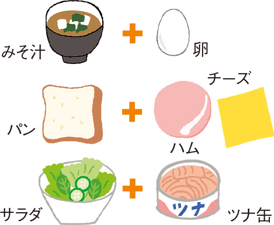 みそ汁＋卵　パン＋ハム　サラダ＋ツナ缶