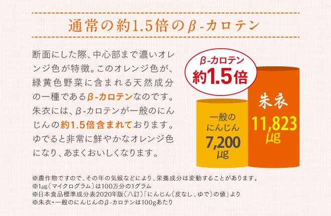通常の1.5倍のβ-カロテン　断面した際、中心部まで濃いオレンジ色が特長。このオレンジ色が、緑黄色野菜に含まれる天然成分の一種であるβカロテンなのです。朱衣には、βカロテンが一般のにんじんの約1.5倍含まれております。ゆでると非常に鮮やかなオレンジ色になり、あまくおいしくなります。 ※農作物ですので、その年の気候などにより、栄養成分は変動することがあります。 ※1μg（マイクログラム）は100万分の1グラム ※日本食品標準成分表2015年版（七訂）「にんじん（皮むき、ゆで）の値」より ※朱衣・一般のにんじんのβカロテンは100gあたり