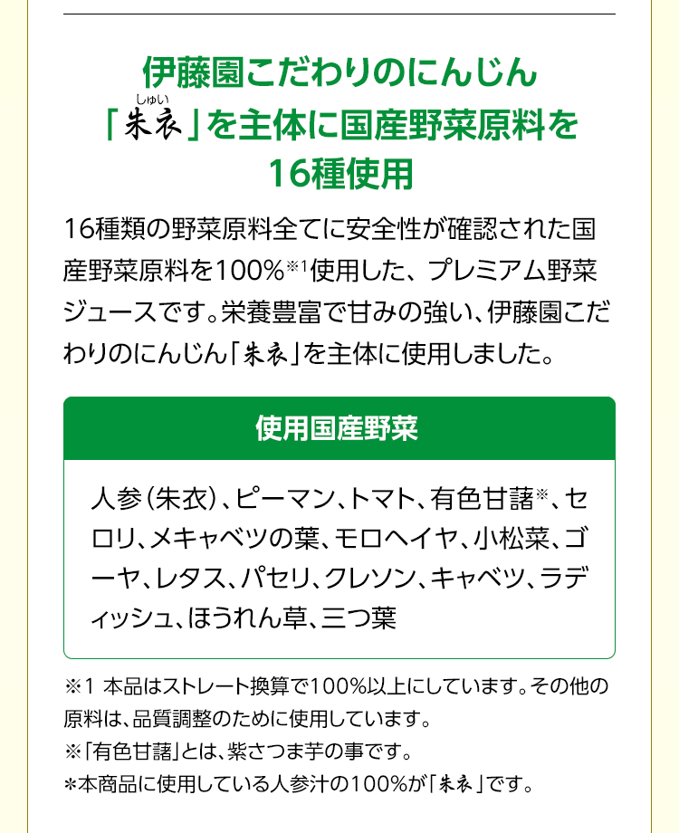 伊藤園こだわりのにんじん「朱衣」を主体に国産野菜原料を16種使用