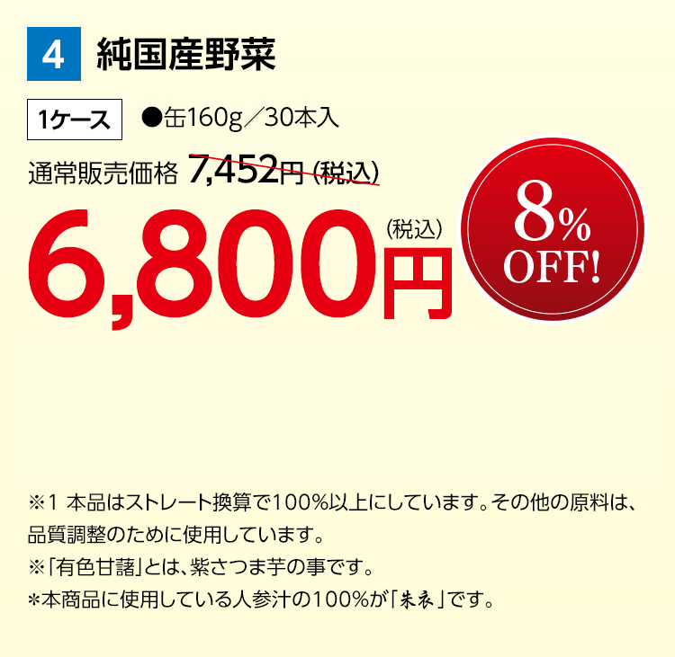 純国産野菜 1ケース ●缶160g／30本入 通常販売価格 7,452円（税込）を6,800円（税込） 8％OFF！ ※1 本品はストレート換算で100％以上にしています。その他の原料は、品質調整のために使用しています。 ※「有色甘藷」とは、紫さつま芋の事です。 ＊本商品に使用している人参汁の100％が「朱衣」です。