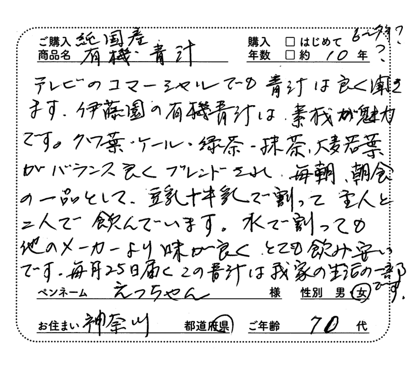 ご購入商品名：有機青汁　購入年数：約10年　テレビのコマーシャルでも青汁はよく聞きます。伊藤園の有機青汁は素材が魅力です。クワ葉、ケール、緑茶、大麦若葉がバランスよくブレンドされ、毎朝朝食の一品として、豆乳や牛乳で割って主人と二人で飲んでいます。水で割ってもほかのメーカーより味がよく、とても飲みやすいです。毎月25日届くこの青汁は我家の生活の一部です。　ペンネーム：えっちゃん　性別：女　お住まい：神奈川県　ご年齢：70代