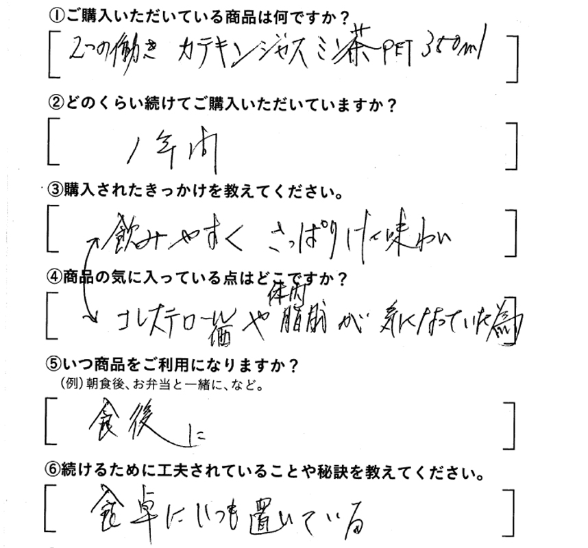 ①ご購入いただいている商品は何ですか？2つの働きカテキンジャスミン茶PET350ml　②どのくらい続けてご購入いただいていますか？1年間　③購入されたきっかけを教えてください。コレステロール値や体内脂肪が気になっていた為　④商品の気に入っている点はどこですか？飲みやすくさっぱりした味わい　⑤いつ商品をご利用になりますか？食後に　⑥続けるために工夫されていることや秘訣を教えてください。食卓にいつも置いている